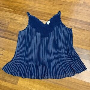 Chico's Pinstripe Tank Top Women Size Large Lace V-Neck Sleeveless Blouse Summer